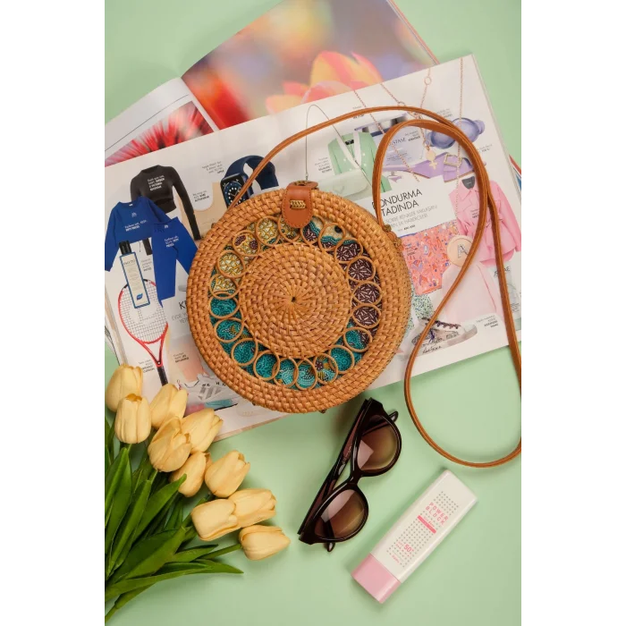 Valentina - Rattan El Yapımı Deri Askı Detaylı Hasır Yuvarlak Omuz Çantası