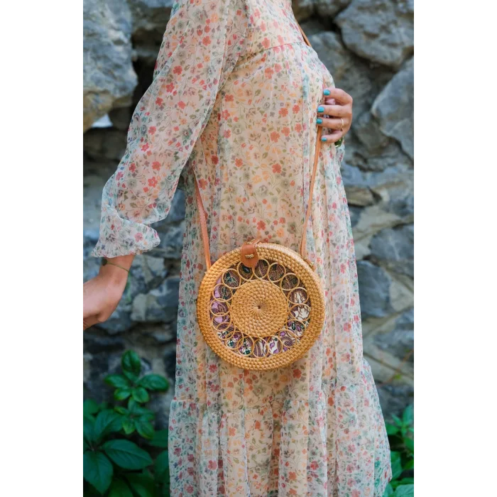Valentina - Rattan El Yapımı Deri Askı Detaylı Hasır Yuvarlak Omuz Çantası