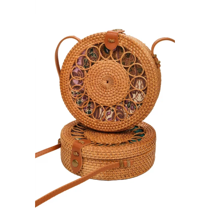 Valentina - Rattan El Yapımı Deri Askı Detaylı Hasır Yuvarlak Omuz Çantası