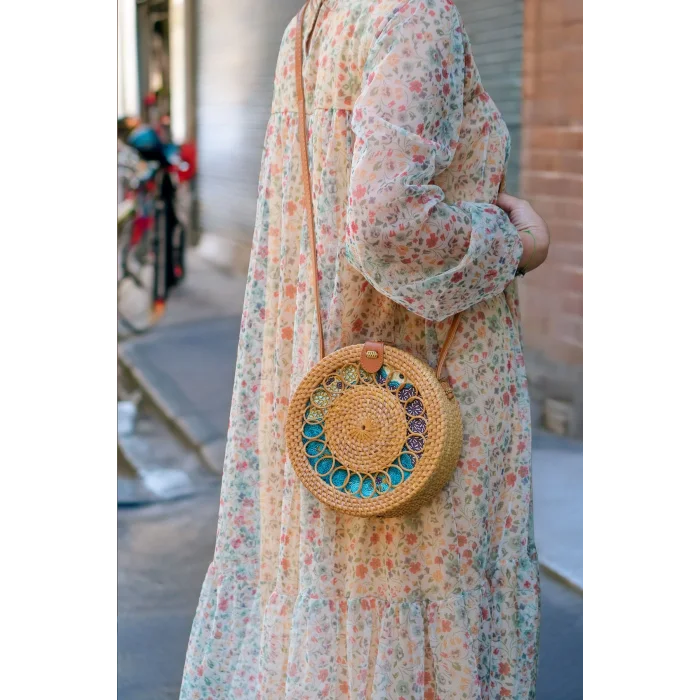 Valentina - Rattan El Yapımı Deri Askı Detaylı Hasır Yuvarlak Omuz Çantası