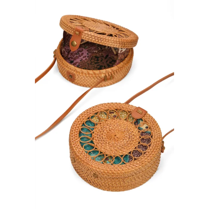 Valentina - Rattan El Yapımı Deri Askı Detaylı Hasır Yuvarlak Omuz Çantası