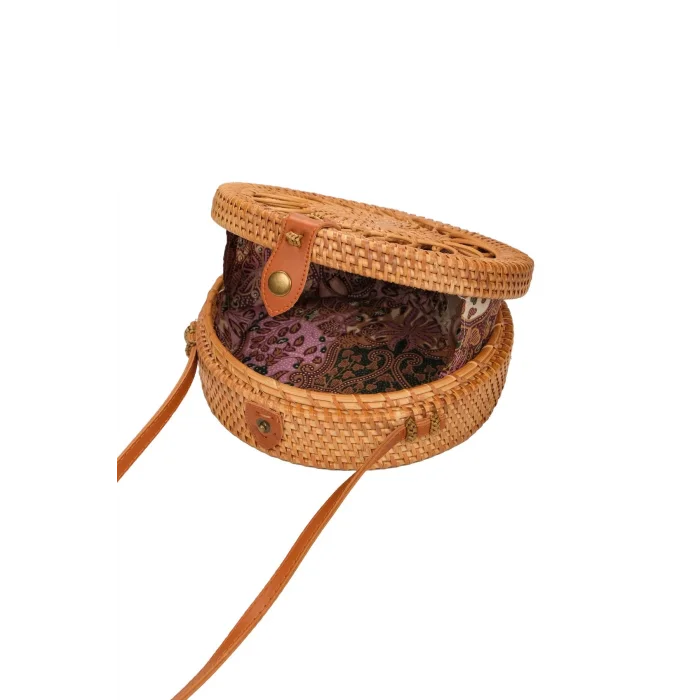 Valentina - Rattan El Yapımı Deri Askı Detaylı Hasır Yuvarlak Omuz Çantası