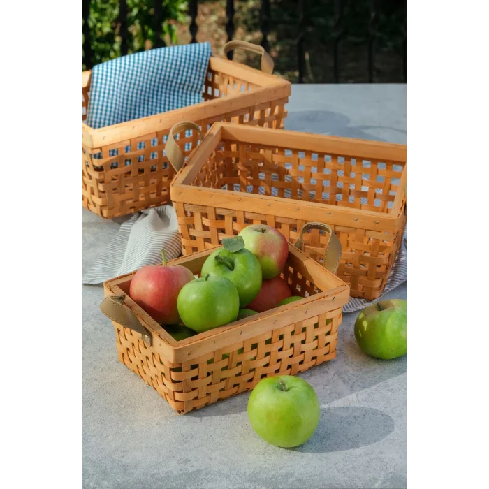 Aiden - Dekoratif 3 lü Kulplu Naturel El Yapımı Çok Amaçlı Ahşap Sepet Seti