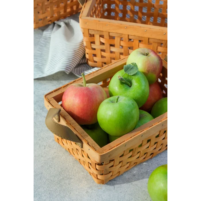 Aiden - Dekoratif 3 lü Kulplu Naturel El Yapımı Çok Amaçlı Ahşap Sepet Seti