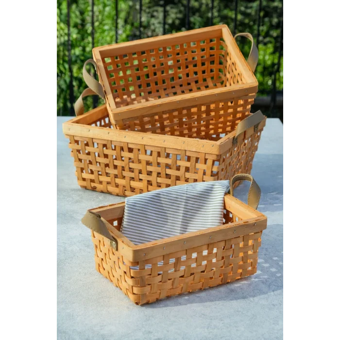 Aiden - Dekoratif 3 lü Kulplu Naturel El Yapımı Çok Amaçlı Ahşap Sepet Seti