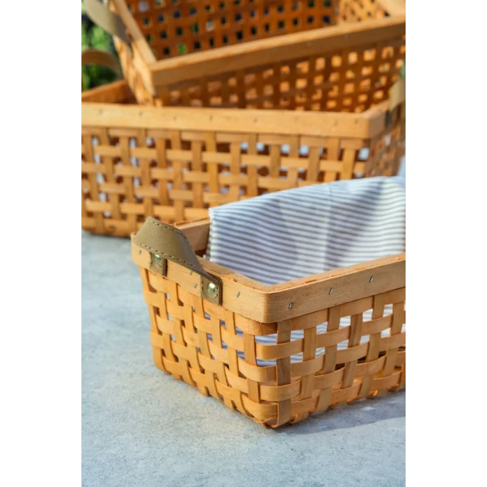 Aiden - Dekoratif 3 lü Kulplu Naturel El Yapımı Çok Amaçlı Ahşap Sepet Seti