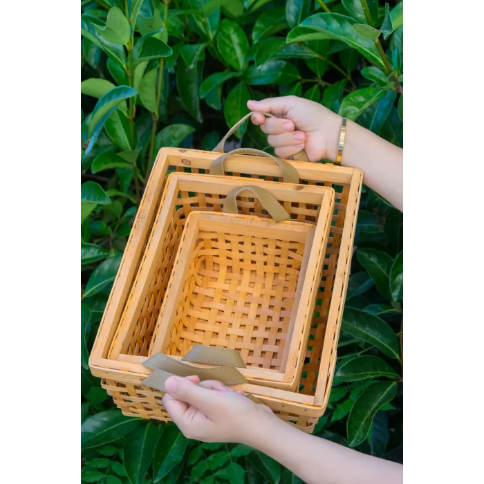 Aiden - Dekoratif 3 lü Kulplu Naturel El Yapımı Çok Amaçlı Ahşap Sepet Seti