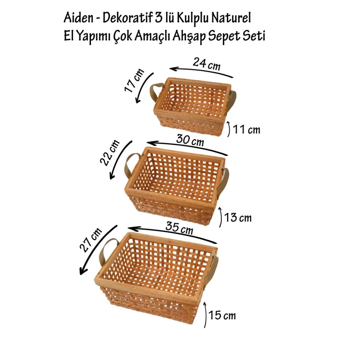 Aiden - Dekoratif 3 lü Kulplu Naturel El Yapımı Çok Amaçlı Ahşap Sepet Seti