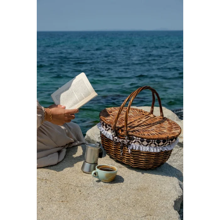 Marilena - Hasır Kapaklı Kulplu Naturel Piknik Sepeti