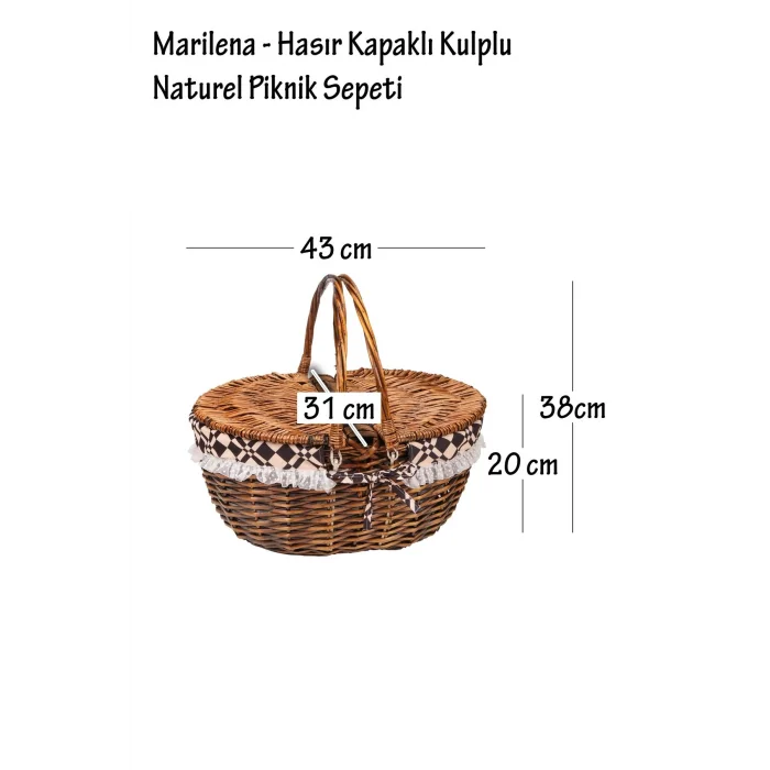 Marilena - Hasır Kapaklı Kulplu Naturel Piknik Sepeti