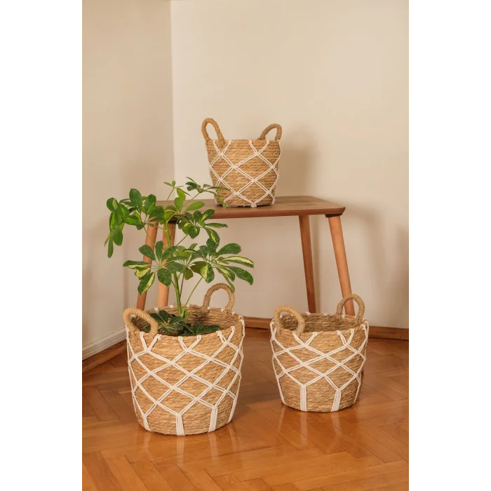 Karia - 3 lü Dekoratif Doğal El Örmesi Kulplu Hasır Saksı Sepet Seti 31 cm / 27cm / 23 cm