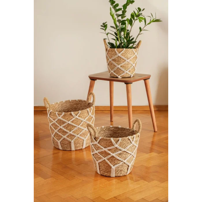 Karia - 3 lü Dekoratif Doğal El Örmesi Kulplu Hasır Saksı Sepet Seti 31 cm / 27cm / 23 cm
