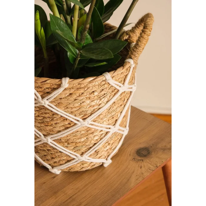 Karia - 3 lü Dekoratif Doğal El Örmesi Kulplu Hasır Saksı Sepet Seti 31 cm / 27cm / 23 cm