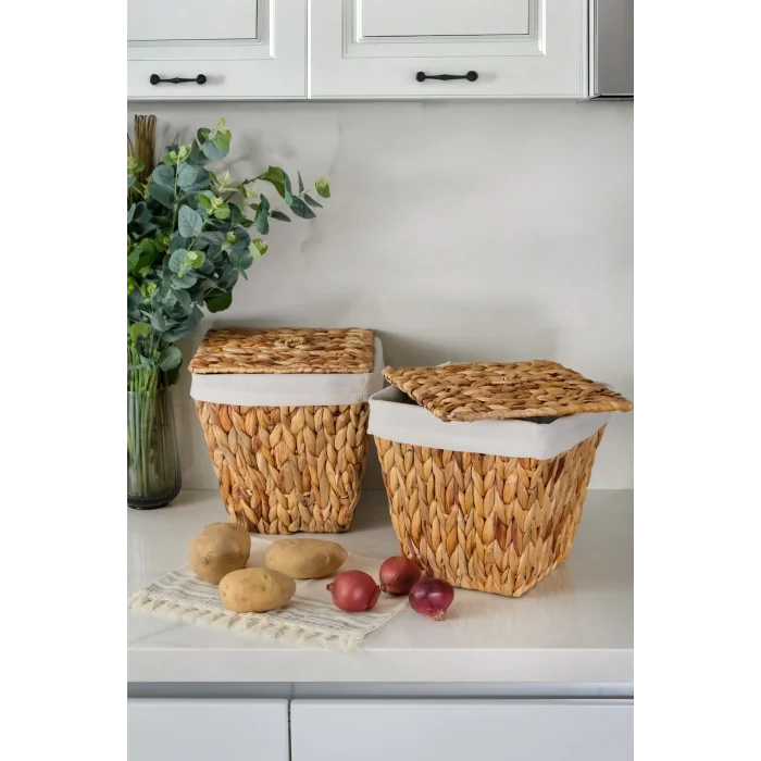 Rita - 2 li Dekoratif İç Korumalı Hasır Kapaklı Çok Amaçlı Patates ve Soğan Sepeti