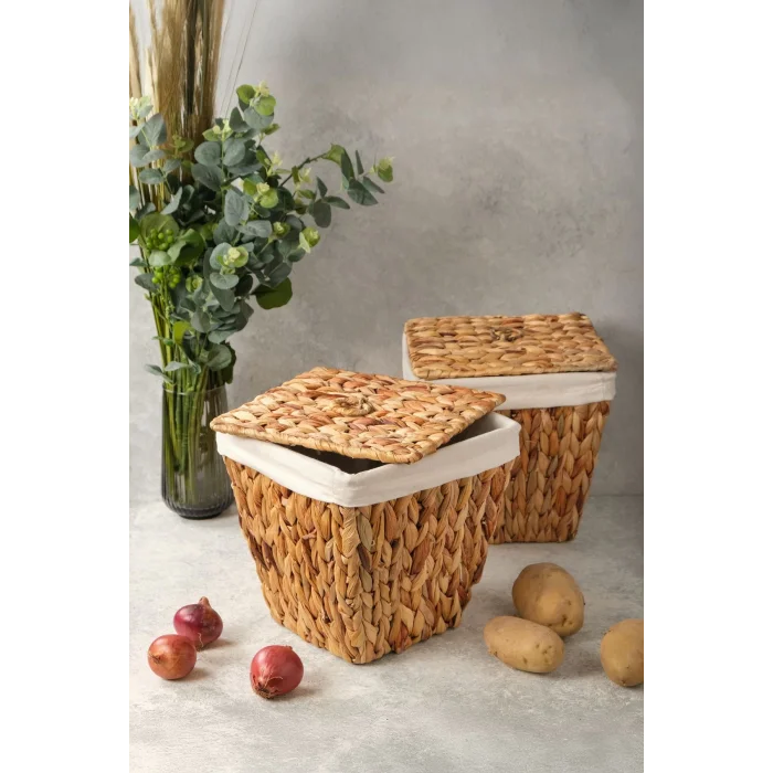 Rita - 2 li Dekoratif İç Korumalı Hasır Kapaklı Çok Amaçlı Patates ve Soğan Sepeti