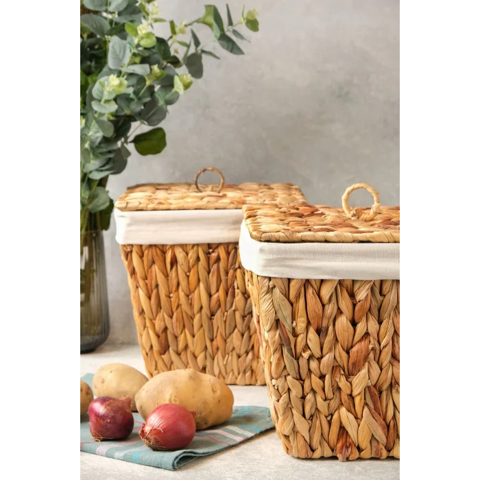Rita - 2 li Dekoratif İç Korumalı Hasır Kapaklı Çok Amaçlı Patates ve Soğan Sepeti