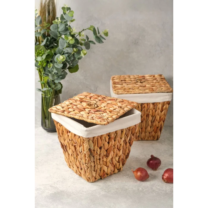 Rita - 2 li Dekoratif İç Korumalı Hasır Kapaklı Çok Amaçlı Patates ve Soğan Sepeti