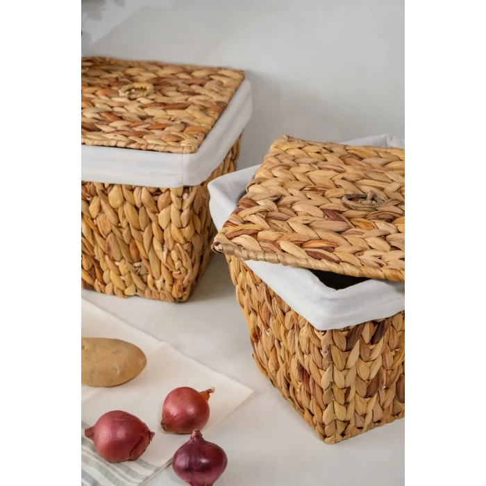 Rita - 2 li Dekoratif İç Korumalı Hasır Kapaklı Çok Amaçlı Patates ve Soğan Sepeti