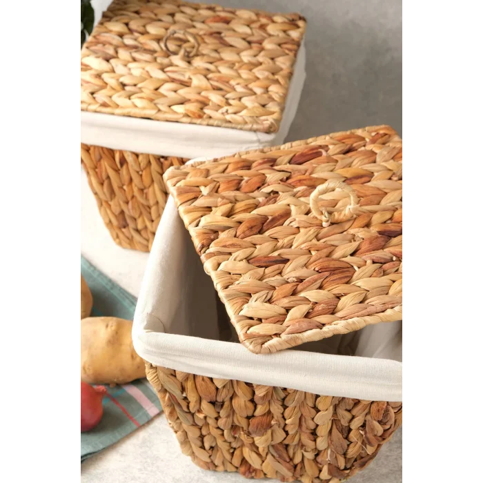 Rita - 2 li Dekoratif İç Korumalı Hasır Kapaklı Çok Amaçlı Patates ve Soğan Sepeti