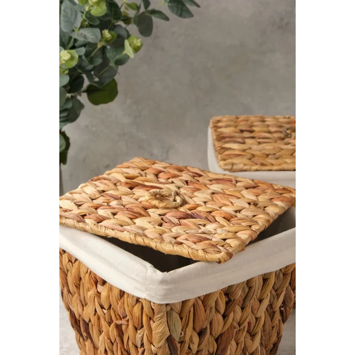 Rita - 2 li Dekoratif İç Korumalı Hasır Kapaklı Çok Amaçlı Patates ve Soğan Sepeti