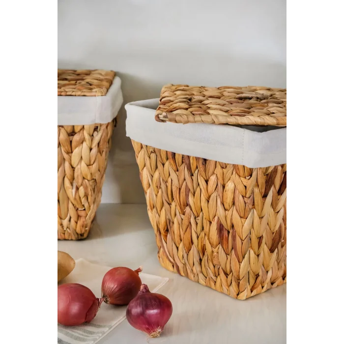 Rita - 2 li Dekoratif İç Korumalı Hasır Kapaklı Çok Amaçlı Patates ve Soğan Sepeti
