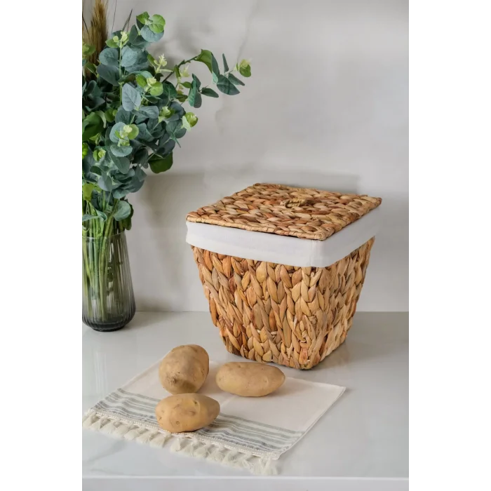 Rita - Tekli İç Korumalı Hasır Kapaklı Çok Amaçlı Patates ve Soğan Sepeti