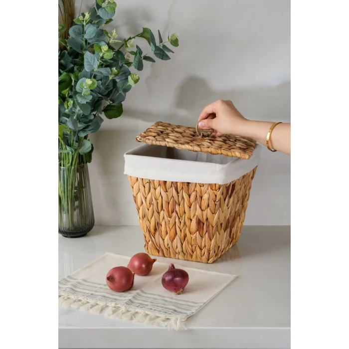 Rita - Tekli İç Korumalı Hasır Kapaklı Çok Amaçlı Patates ve Soğan Sepeti