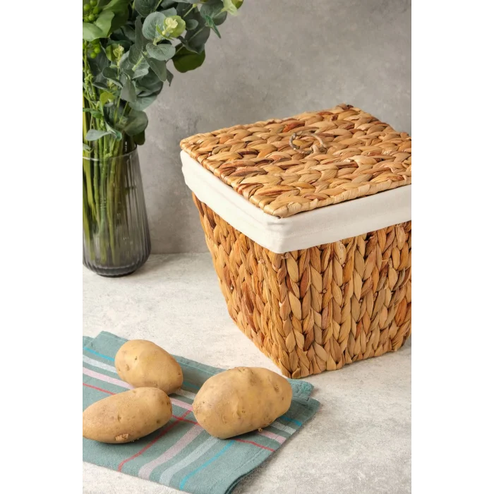 Rita - Tekli İç Korumalı Hasır Kapaklı Çok Amaçlı Patates ve Soğan Sepeti
