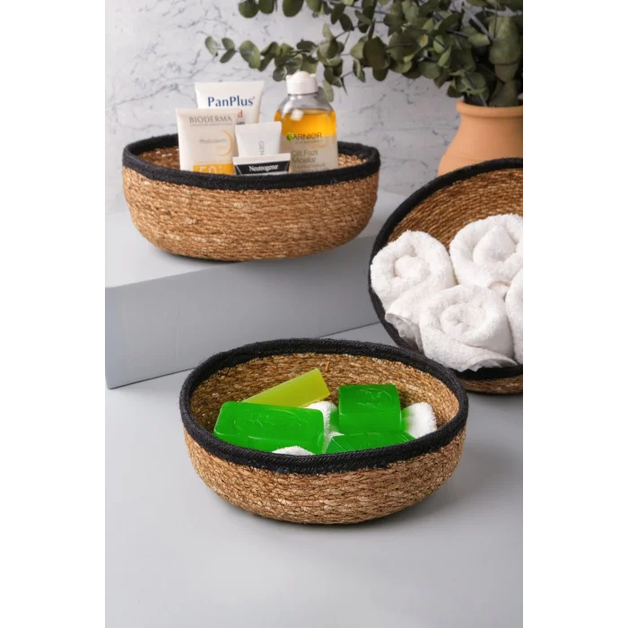 Giorgia - Dekoratif Doğal El Örmesi Hasır Yuvarlak 3’lü Sepet, Havluluk, Banyo Organizer Siyah