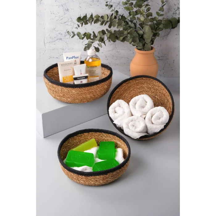 Giorgia - Dekoratif Doğal El Örmesi Hasır Yuvarlak 3’lü Sepet, Havluluk, Banyo Organizer Siyah