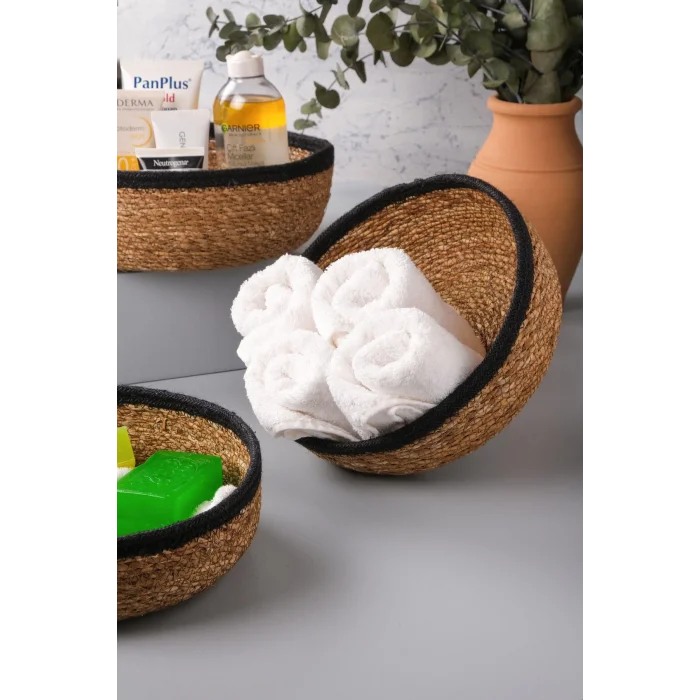 Giorgia - Dekoratif Doğal El Örmesi Hasır Yuvarlak 3’lü Sepet, Havluluk, Banyo Organizer Siyah