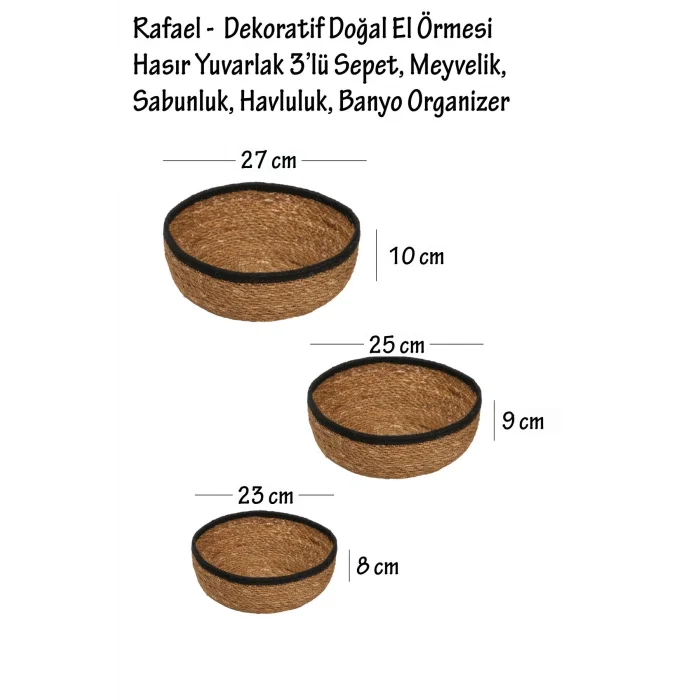 Giorgia - Dekoratif Doğal El Örmesi Hasır Yuvarlak 3’lü Sepet, Havluluk, Banyo Organizer Siyah