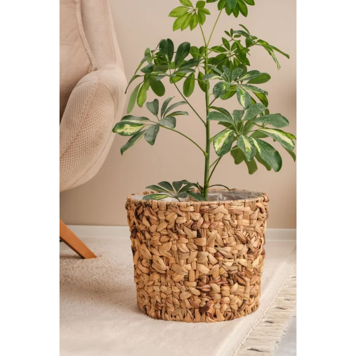 Romy - Büyük Boy Dekoratif Doğal El Örmesi Kalın Hasır İç Korumalı Saksı Sepeti