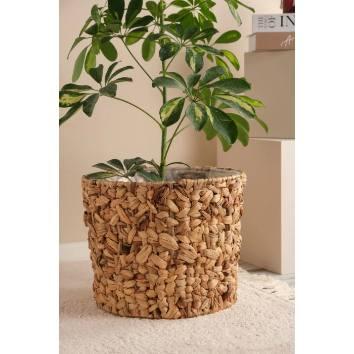 Romy - Büyük Boy Dekoratif Doğal El Örmesi Kalın Hasır İç Korumalı Saksı Sepeti