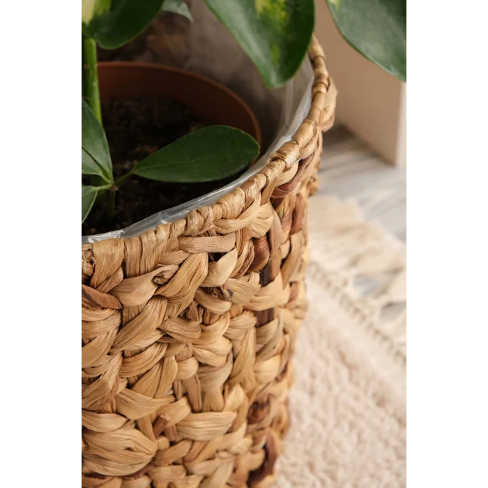Romy - Büyük Boy Dekoratif Doğal El Örmesi Kalın Hasır İç Korumalı Saksı Sepeti