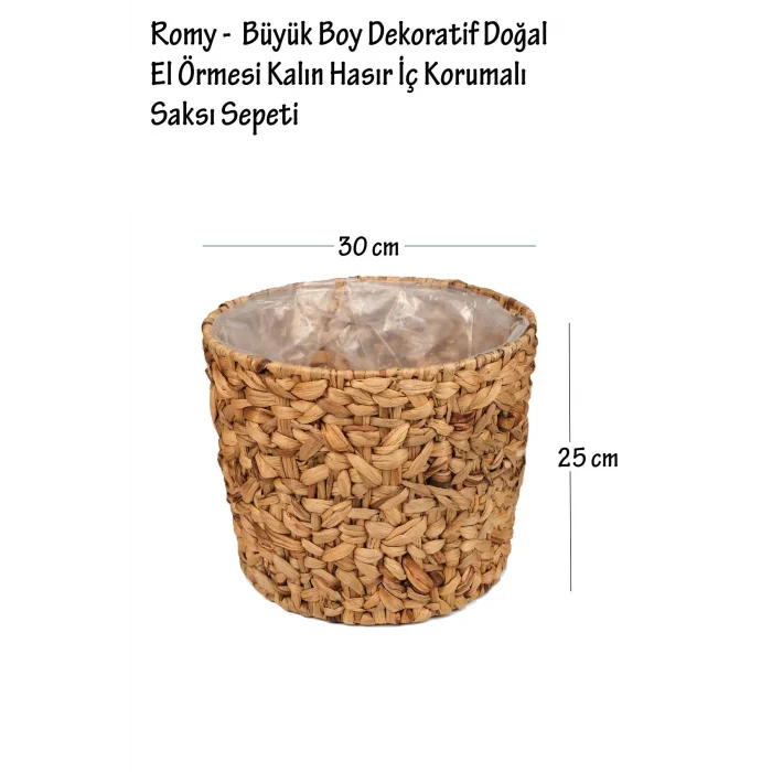 Romy - Büyük Boy Dekoratif Doğal El Örmesi Kalın Hasır İç Korumalı Saksı Sepeti