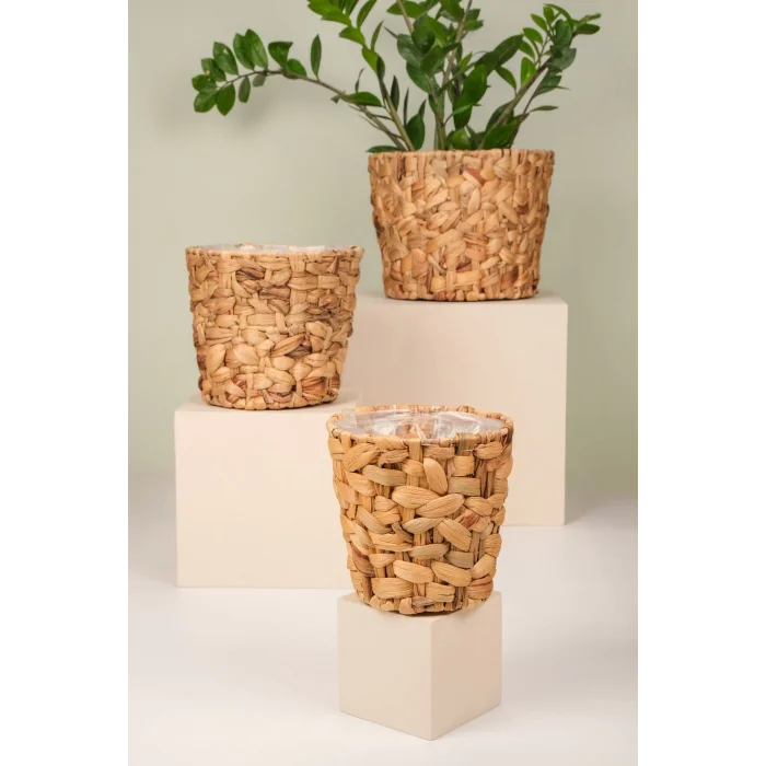 Romy - 3 lü Dekoratif Doğal El Örmesi Kalın Hasır İç Korumalı Saksı Sepet Seti