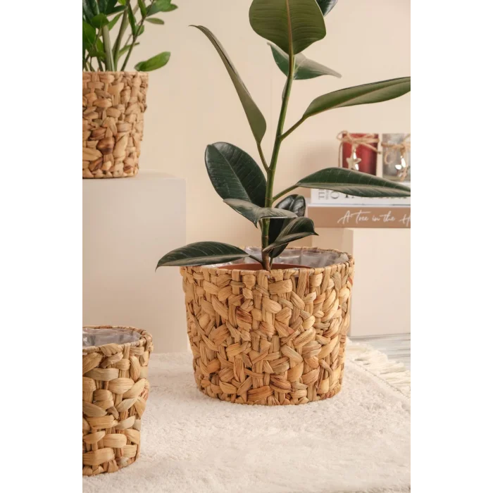 Romy - 3 lü Dekoratif Doğal El Örmesi Kalın Hasır İç Korumalı Saksı Sepet Seti