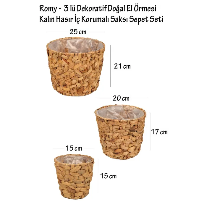 Romy - 3 lü Dekoratif Doğal El Örmesi Kalın Hasır İç Korumalı Saksı Sepet Seti