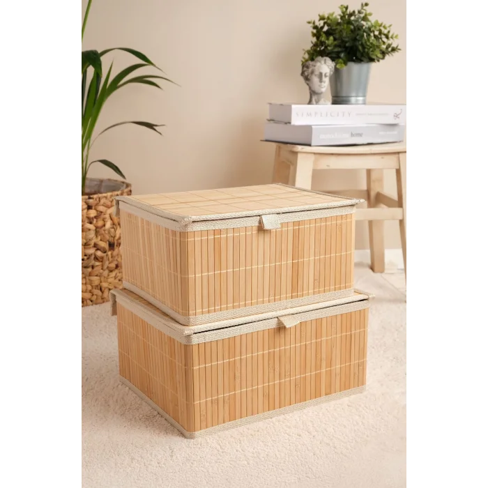 Marion - 2 li Büyük Bambu İç Korumalı, Kapaklı, Organizer, Düzenleyici, Saklama Kutusu
