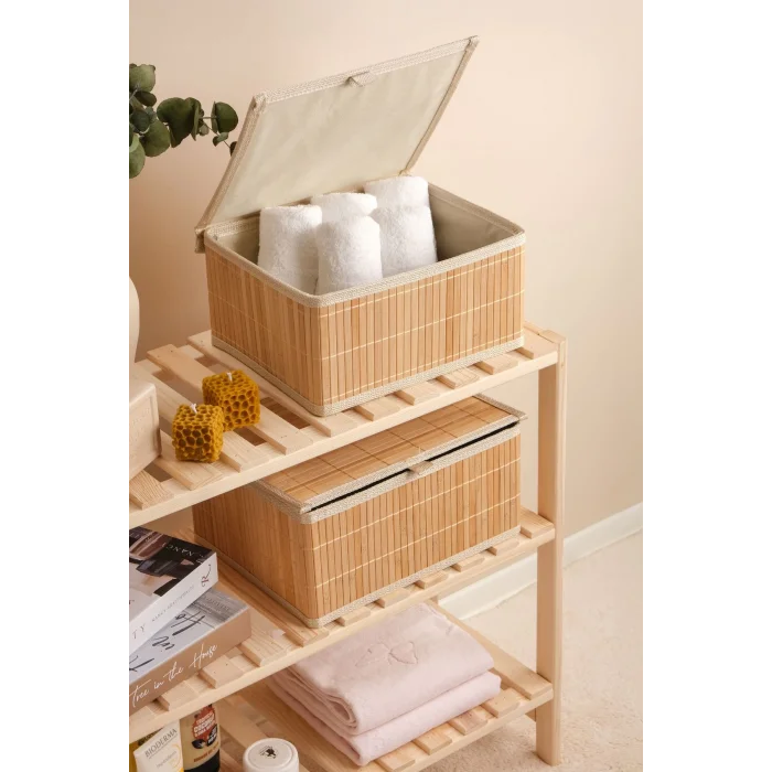 Marion - 2 li Büyük Bambu İç Korumalı, Kapaklı, Organizer, Düzenleyici, Saklama Kutusu