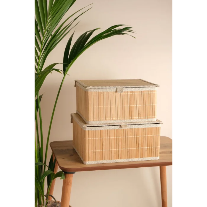 Marion - 2 li Büyük Bambu İç Korumalı, Kapaklı, Organizer, Düzenleyici, Saklama Kutusu