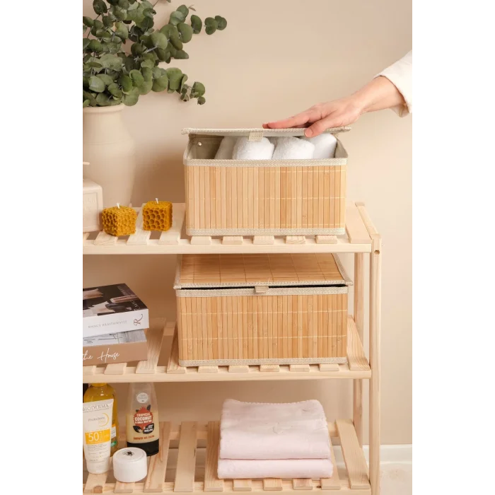 Marion - 2 li Büyük Bambu İç Korumalı, Kapaklı, Organizer, Düzenleyici, Saklama Kutusu