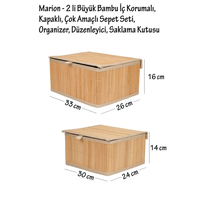 Marion - 2 li Büyük Bambu İç Korumalı, Kapaklı, Organizer, Düzenleyici, Saklama Kutusu