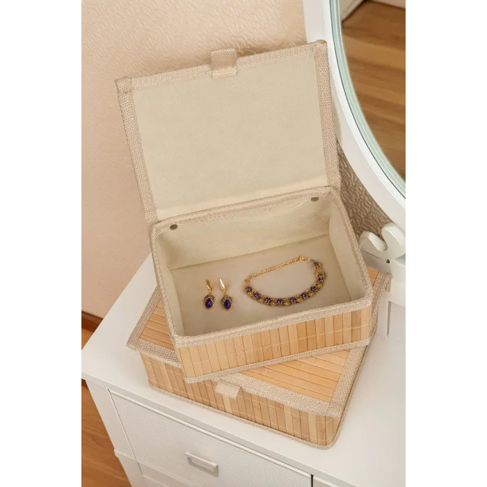 Marion - 2 li Küçük Bambu İç Korumalı, Kapaklı, Organizer, Düzenleyici, Saklama Kutusu