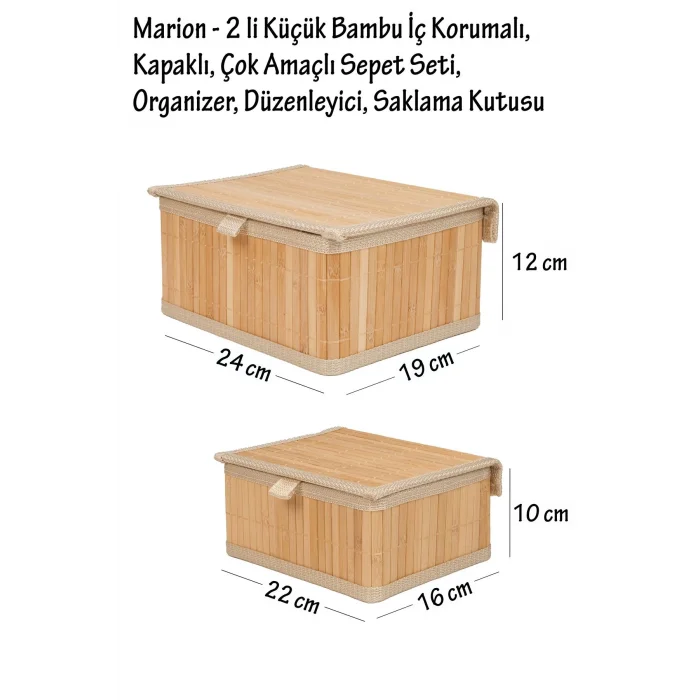 Marion - 2 li Küçük Bambu İç Korumalı, Kapaklı, Organizer, Düzenleyici, Saklama Kutusu