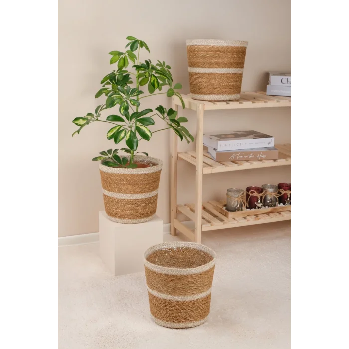 Martina - 3 Adet Dekoratif İç Korumalı Doğal El Örmesi Hasır Saksı Sepet Seti 24 cm