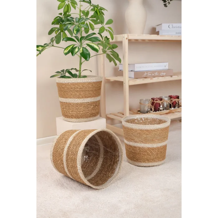 Martina - 3 Adet Dekoratif İç Korumalı Doğal El Örmesi Hasır Saksı Sepet Seti 24 cm