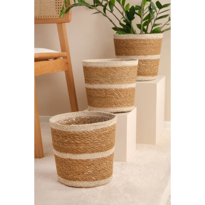 Martina - 3 Adet Dekoratif İç Korumalı Doğal El Örmesi Hasır Saksı Sepet Seti 24 cm