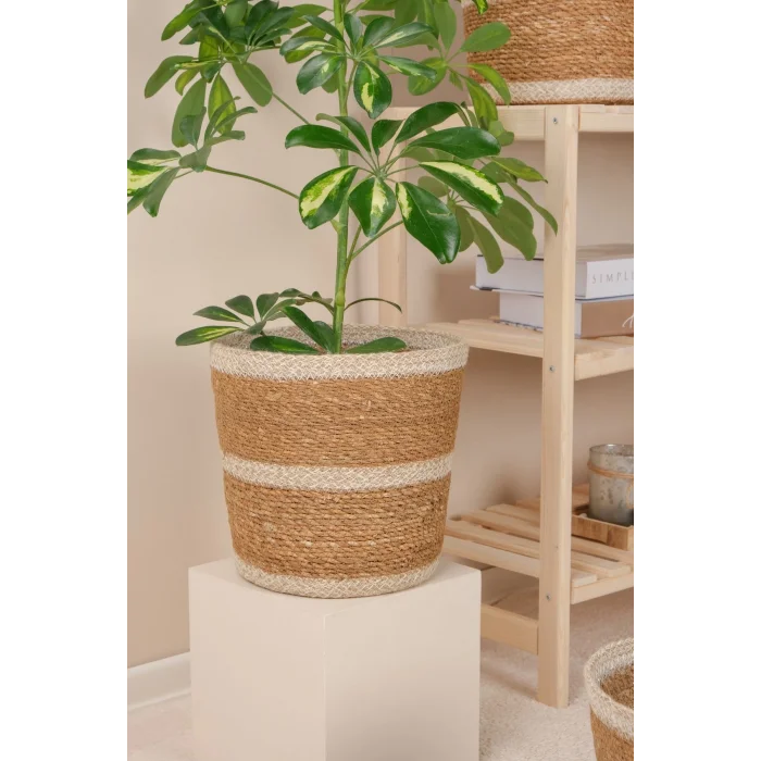 Martina - 3 Adet Dekoratif İç Korumalı Doğal El Örmesi Hasır Saksı Sepet Seti 24 cm